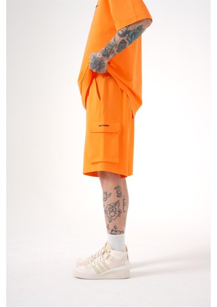 Oversize Kargo Cepli Basic Şort Turuncu