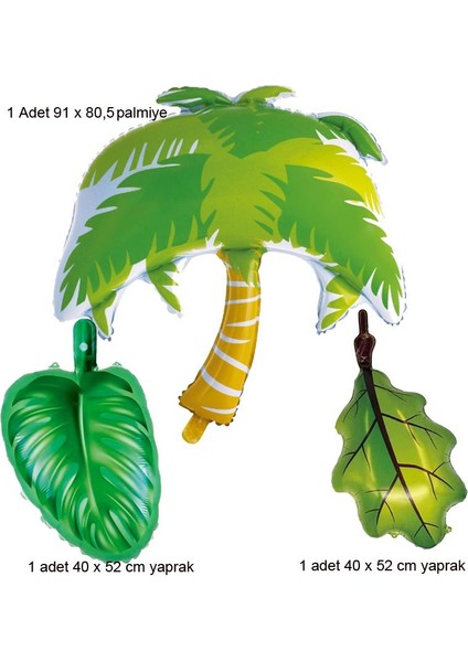 Tropical Hawaii Palmiye Ağacı ve Yeşil Renk Tropik Yapraklar Folyo Balon 3 Adet