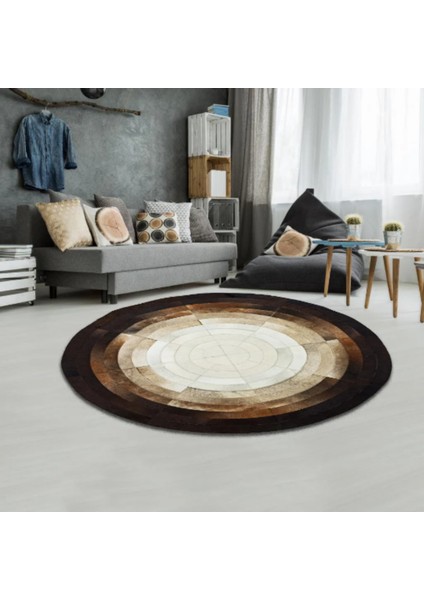 Siyah Ve Beyaz Yuvarlak Dana Derisi Halı 150 x 150 Cm