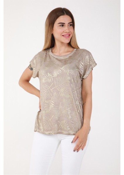 Parlak Gold Yaprak Baskı Tshirt-Bej
