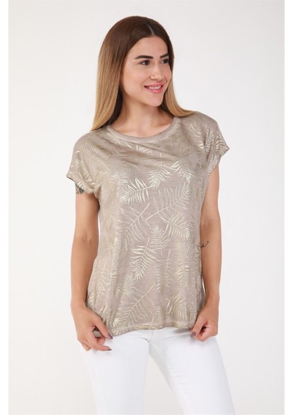 Parlak Gold Yaprak Baskı Tshirt-Bej