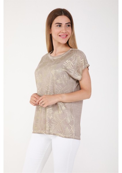 Parlak Gold Yaprak Baskı Tshirt-Bej