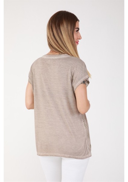 Parlak Gold Yaprak Baskı Tshirt-Bej