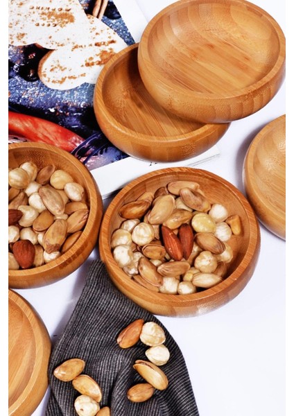 4'Lü Yuvarlak Bambu Çerezlik, Bambu Sunum Kasesi, Bambu Yuvarlık Zeytinlik, Bambu Kahvaltı Sunumluk