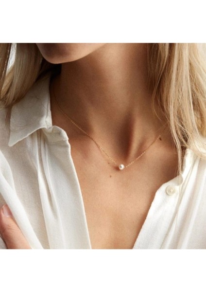 Altın Renk Kadın Sf Zincir Inci Detaylı Altın Kaplama Şık Kolye - 2300