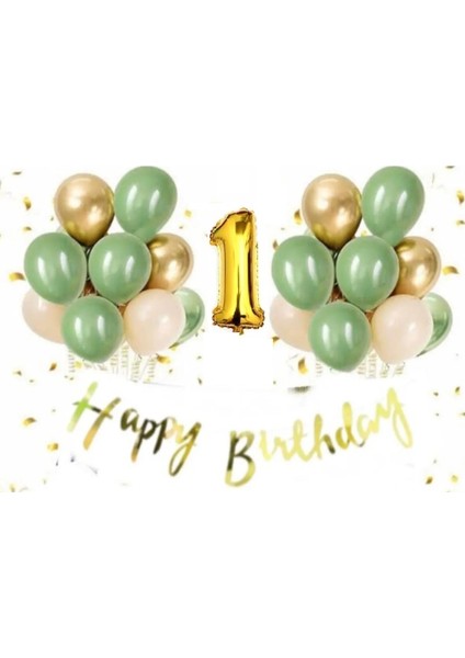 Gold Happy Bırthday Kaligrafi Banner Krom Gold Küf Yeşili Deniz Kumu Balon 1yaş