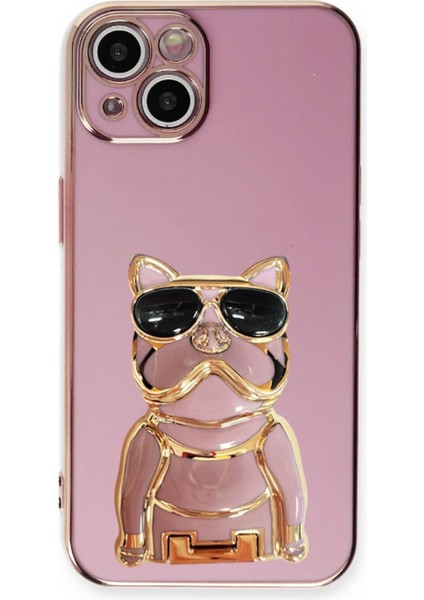 Apple iPhone 13 Kılıf Kamera Korumalı Köpek Desenli Standlı Silikon Mor