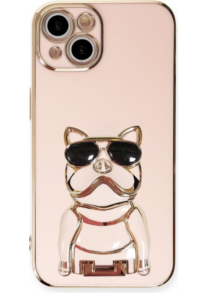 Apple iPhone 13 Kılıf Kamera Korumalı Köpek Desenli Standlı Silikon Pembe
