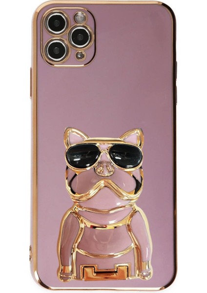 Apple iPhone 12 Pro Max Kılıf Kamera Korumalı Köpek Desenli Standlı Silikon Mor