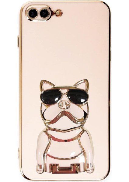 Apple iPhone 8 Plus Kılıf Kamera Korumalı Köpek Desenli Standlı Silikon Pembe
