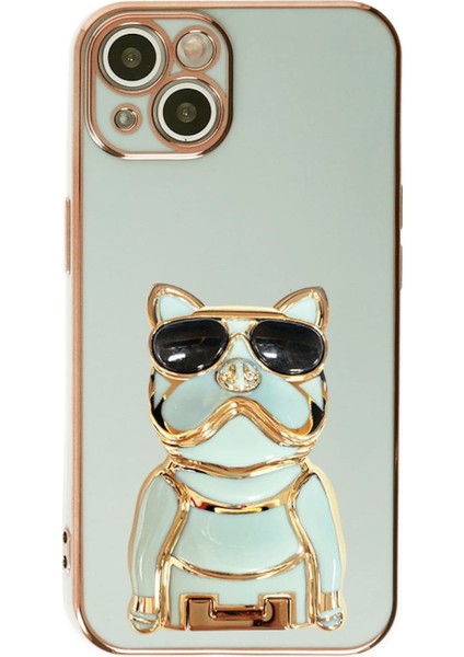 Apple iPhone 13 Kılıf Kamera Korumalı Köpek Desenli Standlı Silikon Yeşil