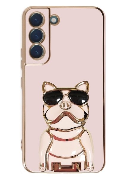 Samsung Galaxy S22 5g Kılıf Kamera Korumalı Köpek Desenli Standlı Silikon Pembe