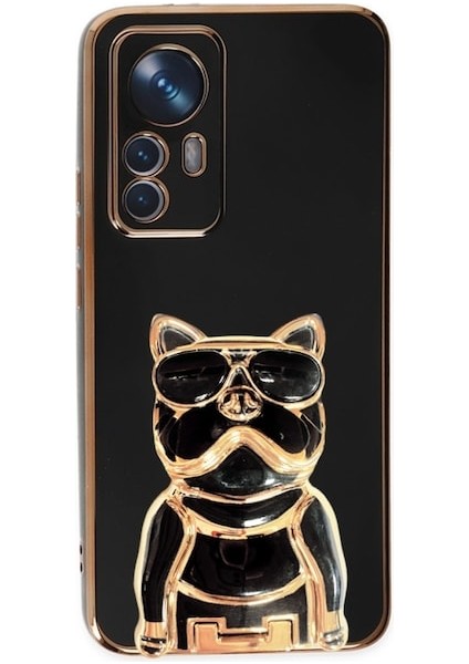 Xiaomi 12T Pro Kılıf Kamera Korumalı Köpek Desenli Standlı Silikon Siyah