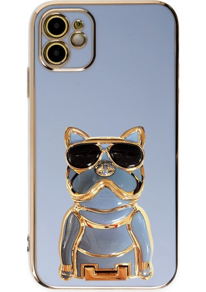 Apple iPhone 11 Kılıf Kamera Korumalı Köpek Desenli Standlı Silikon Mavi