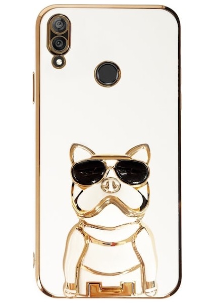 Huawei Y7 Prime 2019 Kılıf Kamera Korumalı Köpek Desenli Standlı Silikon Beyaz