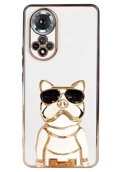 Huawei Nova 9 Kılıf Kamera Korumalı Köpek Desenli Standlı Silikon Beyaz