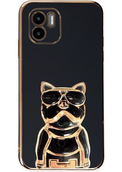 Xiaomi Redmi A1 Kılıf Kamera Korumalı Köpek Desenli Standlı Silikon Siyah