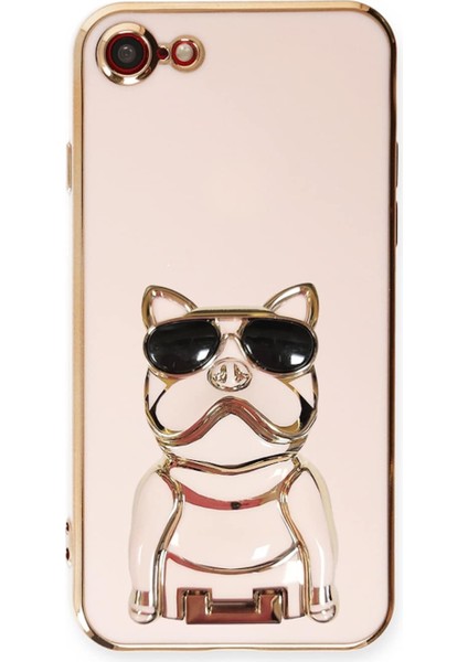 Case Street Apple iPhone 7 Kılıf Kamera Korumalı Köpek Desenli Standlı Silikon Pembe