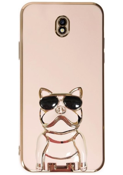 J7 Pro J730F Case Kılıf Kamera Korumalı Köpek Desenli Standlı Silikon Pembe