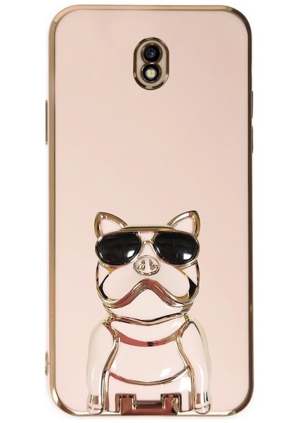 Samsung Galaxy J7 Pro J730F Kılıf Kamera Korumalı Köpek Desenli Standlı Silikon Pembe