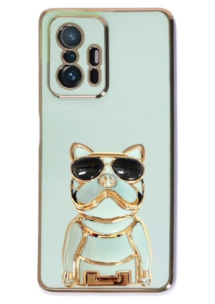 Xiaomi Mi 11T 5g Case Kılıf Kamera Korumalı Köpek Desenli Standlı Silikon Yeşil