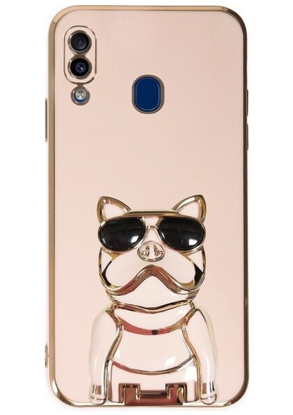 A20 Kılıf Kamera Korumalı Köpek Desenli Standlı Silikon Pembe