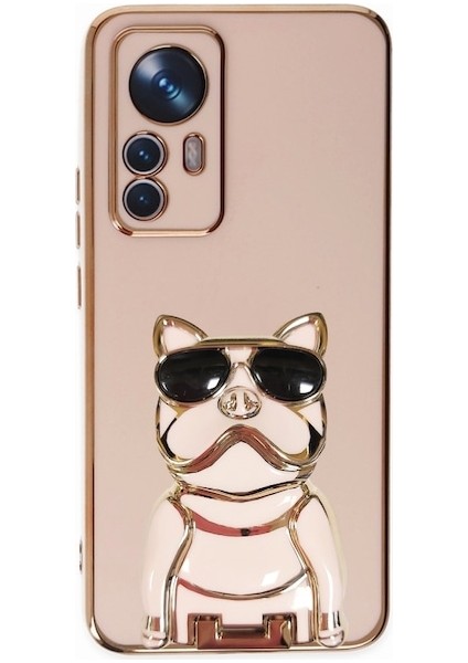 Xiaomi 12T Pro Case Kılıf Kamera Korumalı Köpek Desenli Standlı Silikon Pembe