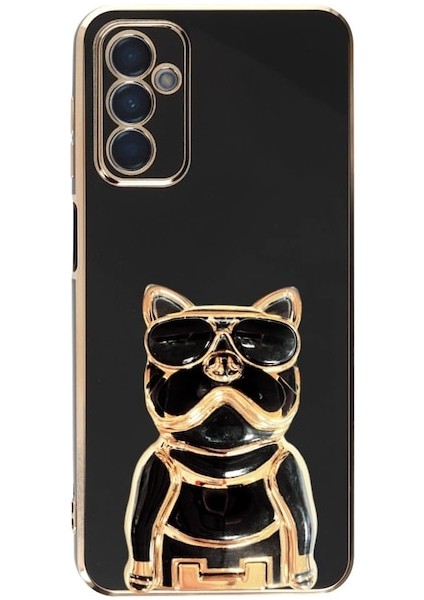 Samsung Galaxy M13 Kılıf Kamera Korumalı Köpek Desenli Standlı Silikon Siyah