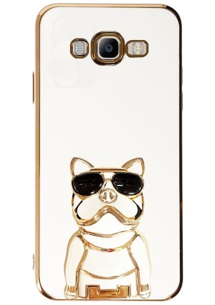 Samsung Galaxy J7 2015 Case Kılıf Kamera Korumalı Köpek Desenli Standlı Silikon Beyaz