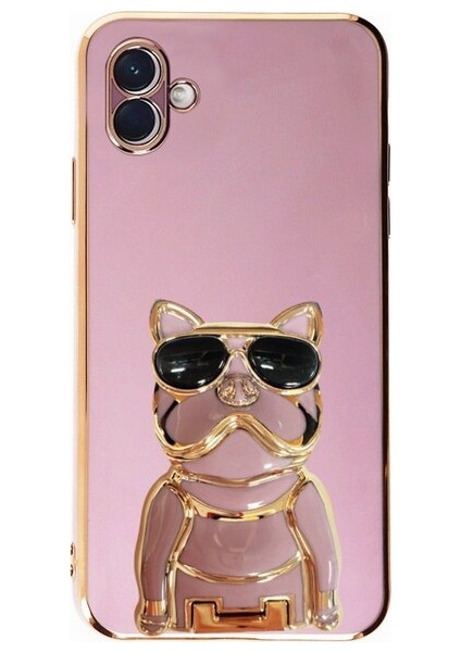 Samsung Galaxy A04 Case Kılıf Kamera Korumalı Köpek Desenli Standlı Silikon Mor