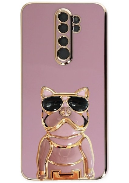 Xiaomi Redmi Note 8 Pro Kılıf Kamera Korumalı Köpek Desenli Standlı Silikon Mor