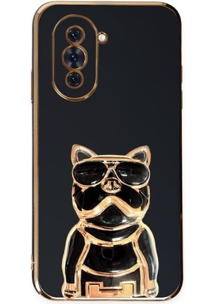 Huawei Nova 10 Case Kılıf Kamera Korumalı Köpek Desenli Standlı Silikon Siyah