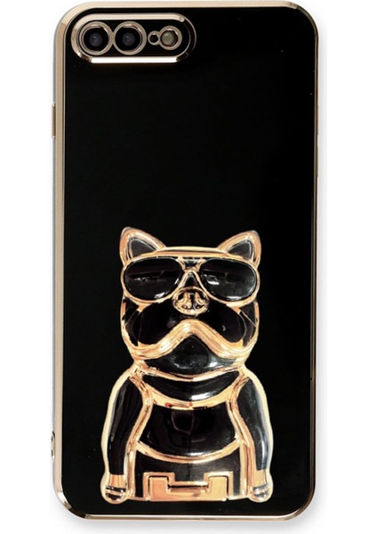 Apple iPhone 8 Plus Kılıf Kamera Korumalı Köpek Desenli Standlı Silikon Siyah