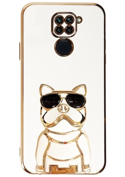 Xiaomi Redmi Note 9 Kılıf Kamera Korumalı Köpek Desenli Standlı Silikon Beyaz