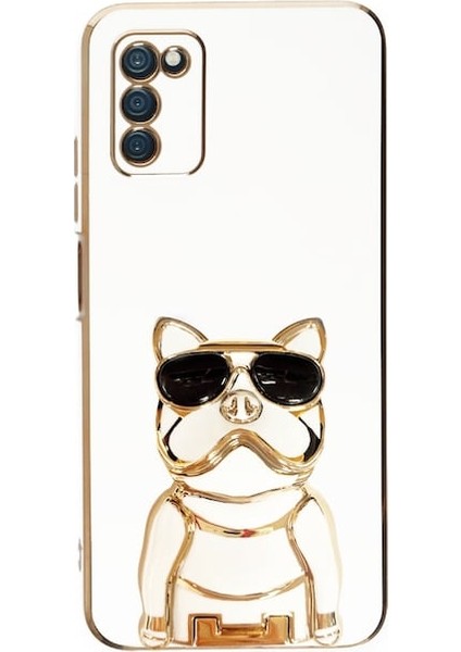 Samsung Galaxy A03S Kılıf Kamera Korumalı Köpek Desenli Standlı Silikon Beyaz