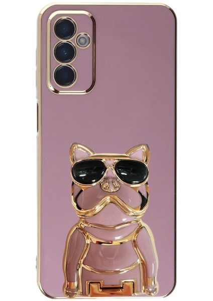 Samsung Galaxy M23 Case Kılıf Kamera Korumalı Köpek Desenli Standlı Silikon Mor