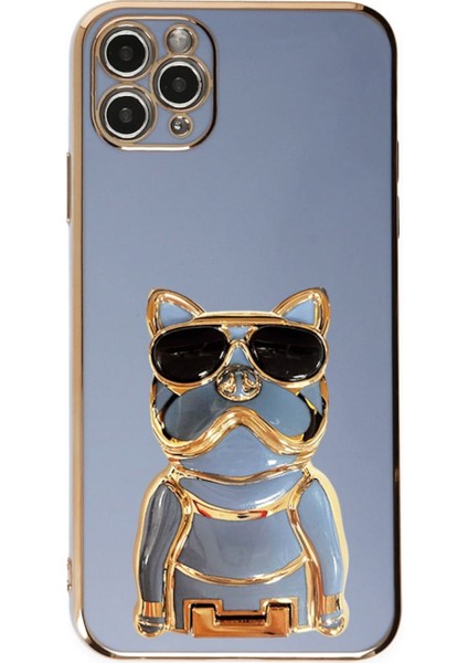 Apple iPhone 14 Pro Max Kılıf Kamera Korumalı Köpek Desenli Standlı Silikon Mavi