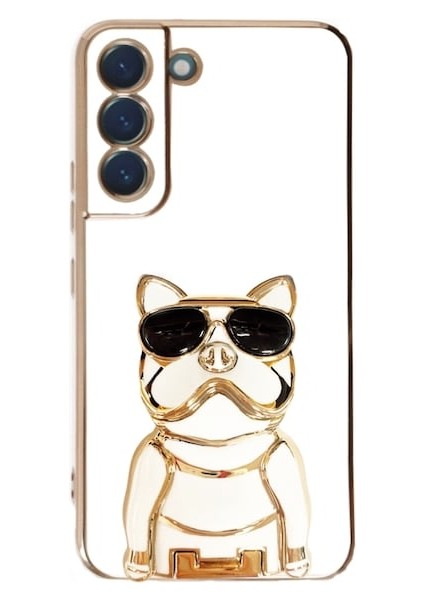 Samsung Galaxy S22 Plus 5g Case Kılıf Kamera Korumalı Köpek Desenli Standlı Silikon Beyaz