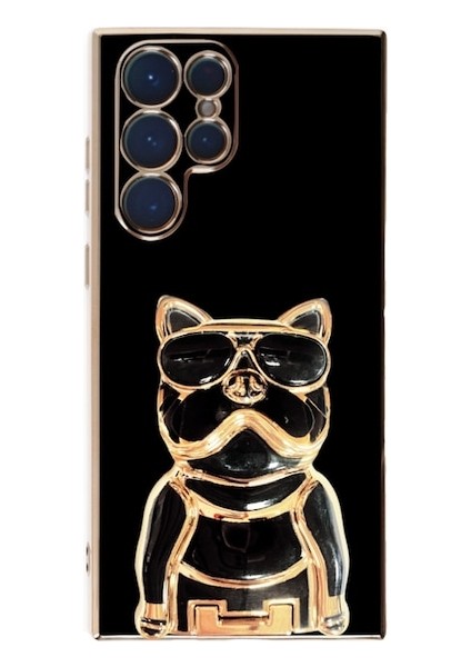 Galaxy S22 Ultra Case Kılıf Kamera Korumalı Köpek Desenli Standlı Silikon Siyah