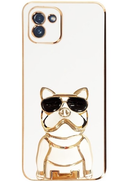 Samsung Galaxy A03 Case Kılıf Kamera Korumalı Köpek Desenli Standlı Silikon Beyaz