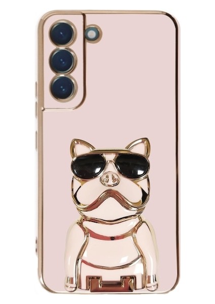 Samsung Galaxy S22 Plus 5g Case Kılıf Kamera Korumalı Köpek Desenli Standlı Silikon Pembe