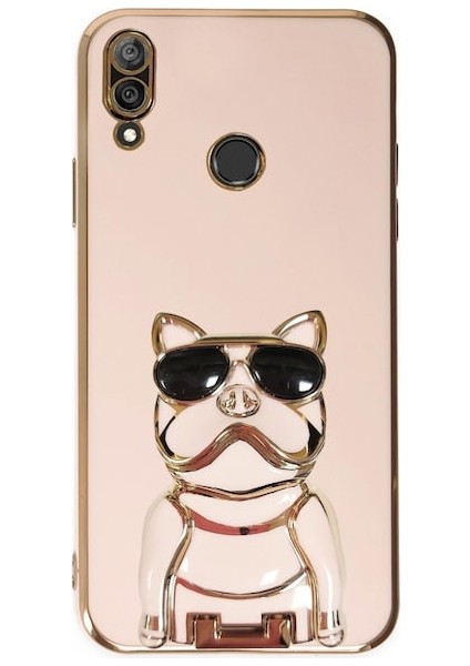 Huawei Y7 Prime 2019 Case Kılıf Kamera Korumalı Köpek Desenli Standlı Silikon Pembe