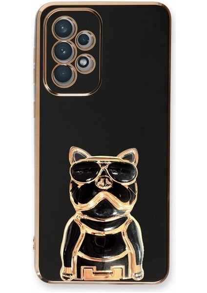 Galaxy A73 Kılıf Kamera Korumalı Köpek Desenli Standlı Silikon Siyah