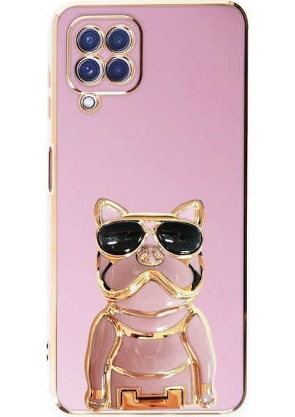 Samsung Galaxy M32 4g Kılıf Kamera Korumalı Köpek Desenli Standlı Silikon Mor