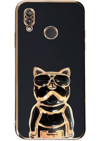 Huawei P20 Lite Kılıf Kamera Korumalı Köpek Desenli Standlı Silikon Siyah