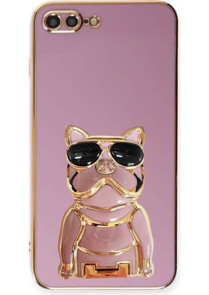 Apple iPhone 7 Plus Case Kılıf Kamera Korumalı Köpek Desenli Standlı Silikon Mor