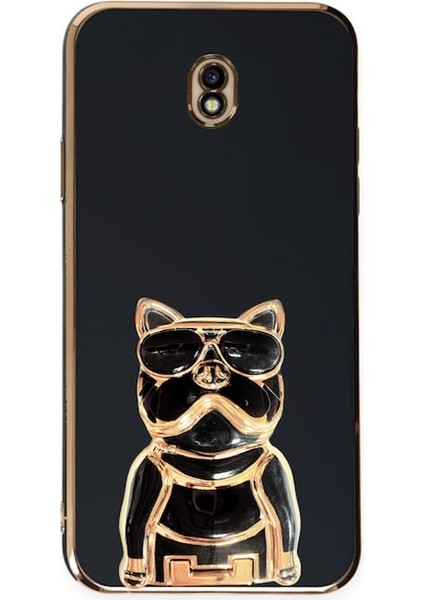 Samsung Galaxy J7 Pro J730F Case Kılıf Kamera Korumalı Köpek Desenli Standlı Silikon Siyah