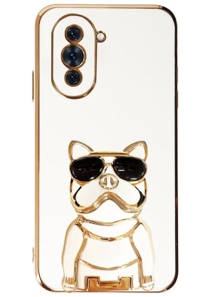 Huawei Nova 10 Case Kılıf Kamera Korumalı Köpek Desenli Standlı Silikon Beyaz