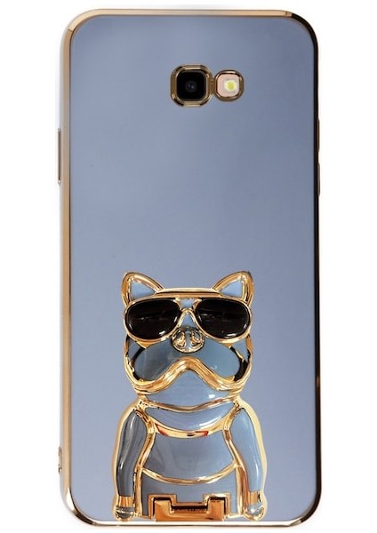 Galaxy J4 Plus Kılıf Kamera Korumalı Köpek Desenli Standlı Silikon Mavi