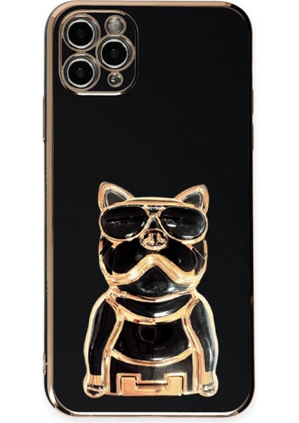 Apple iPhone 14 Pro Max Case Kılıf Kamera Korumalı Köpek Desenli Standlı Silikon Siyah